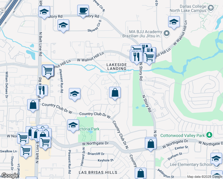 map of restaurants, bars, coffee shops, grocery stores, and more near 4267 Cuesta Drive in Irving