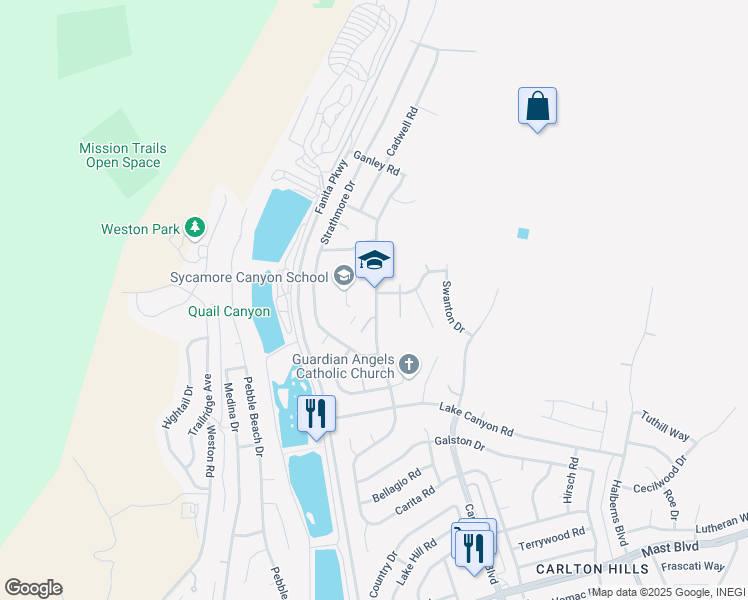 map of restaurants, bars, coffee shops, grocery stores, and more near 10201 Settle Road in Santee