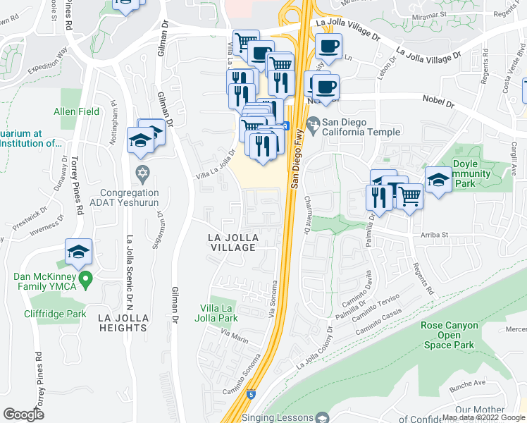 map of restaurants, bars, coffee shops, grocery stores, and more near 8643 Via Mallorca in San Diego