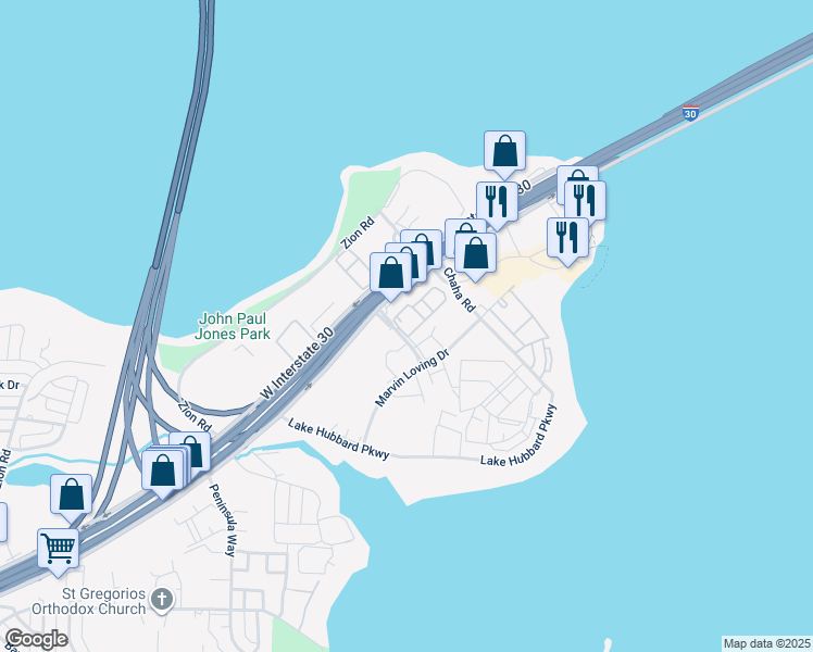 map of restaurants, bars, coffee shops, grocery stores, and more near 4350 Point Boulevard in Garland