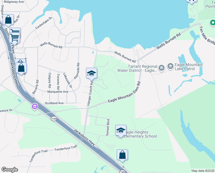 map of restaurants, bars, coffee shops, grocery stores, and more near 7820 Hanger Cutoff Road in Fort Worth