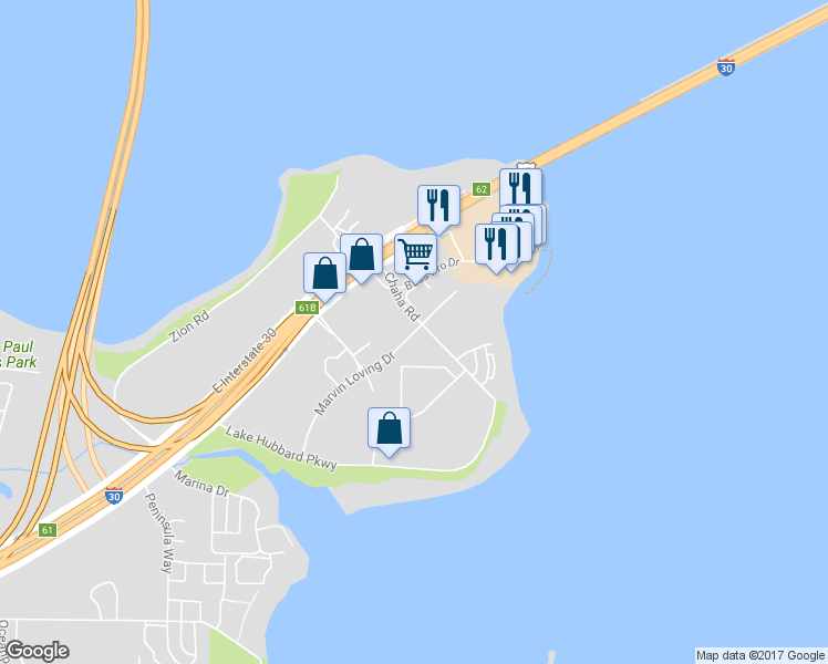 map of restaurants, bars, coffee shops, grocery stores, and more near 6141 Marvin Loving Drive in Garland