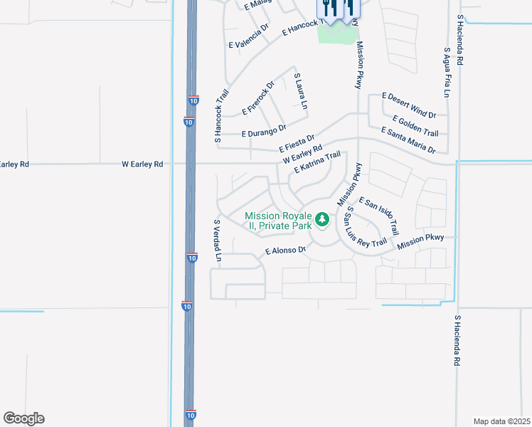 map of restaurants, bars, coffee shops, grocery stores, and more near 2429 East San Borja Trail in Casa Grande