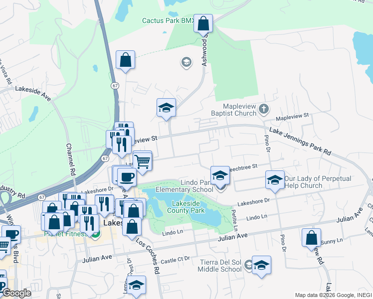 map of restaurants, bars, coffee shops, grocery stores, and more near 12741 Laurel Street in Lakeside