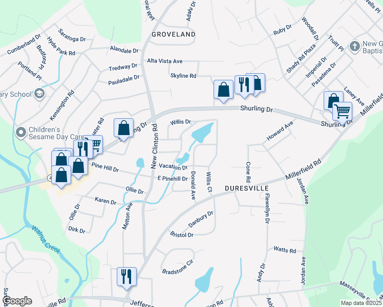 map of restaurants, bars, coffee shops, grocery stores, and more near 2438 Donald Avenue in Macon