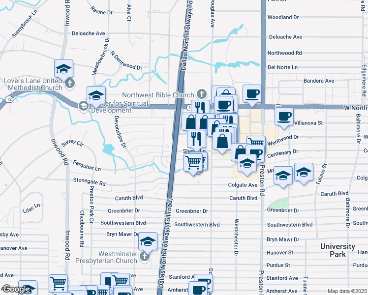 map of restaurants, bars, coffee shops, grocery stores, and more near 5917 Sherry Lane in Dallas