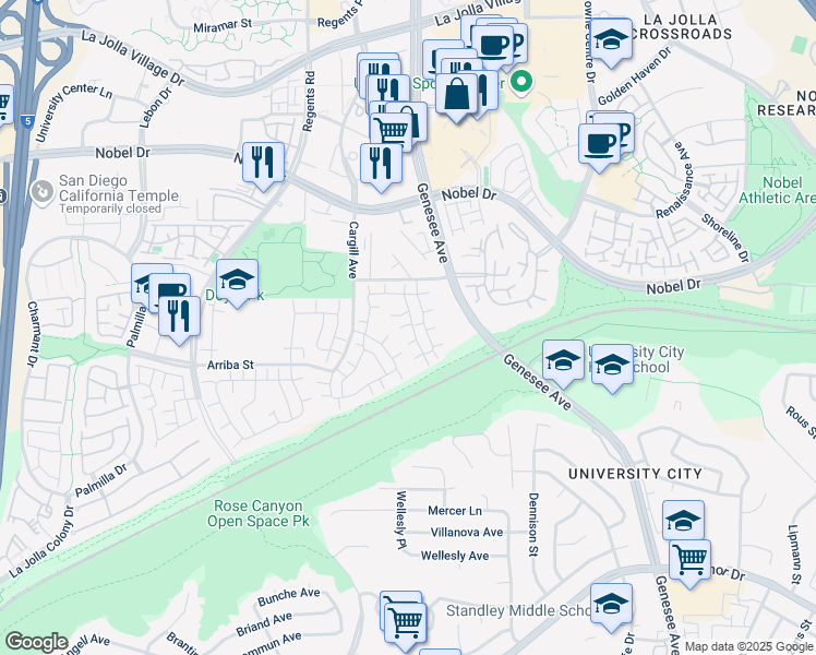 map of restaurants, bars, coffee shops, grocery stores, and more near 7953 Camino Kiosco in San Diego
