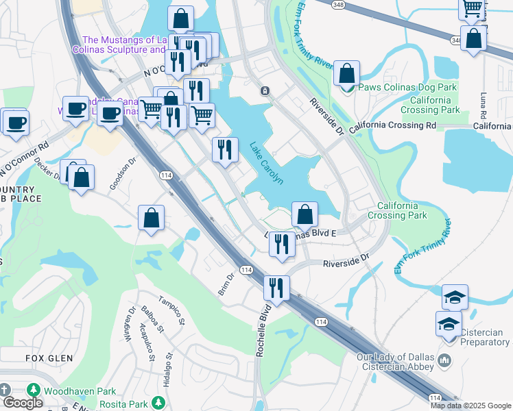 map of restaurants, bars, coffee shops, grocery stores, and more near 433 Las Colinas Boulevard East in Irving