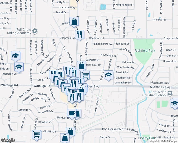 map of restaurants, bars, coffee shops, grocery stores, and more near 6333 Sunset Road in North Richland Hills