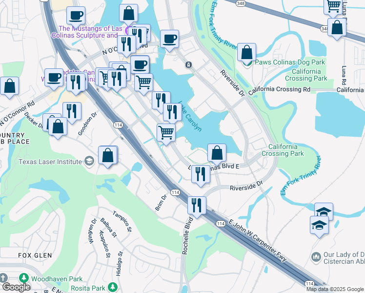 map of restaurants, bars, coffee shops, grocery stores, and more near 433 Las Colinas Boulevard East in Irving