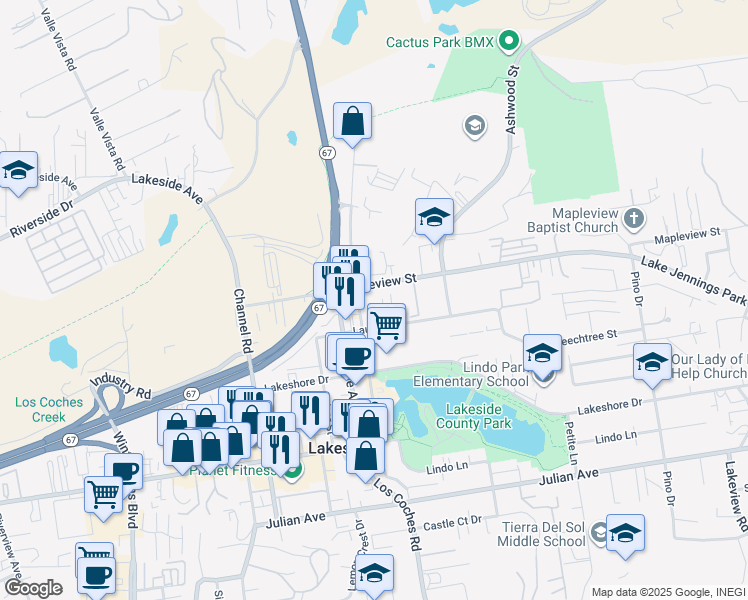 map of restaurants, bars, coffee shops, grocery stores, and more near 12560 Laurel Street in Lakeside