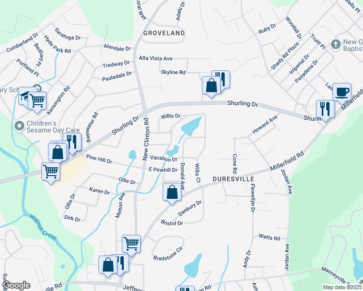 map of restaurants, bars, coffee shops, grocery stores, and more near 2438 Donald Avenue in Macon