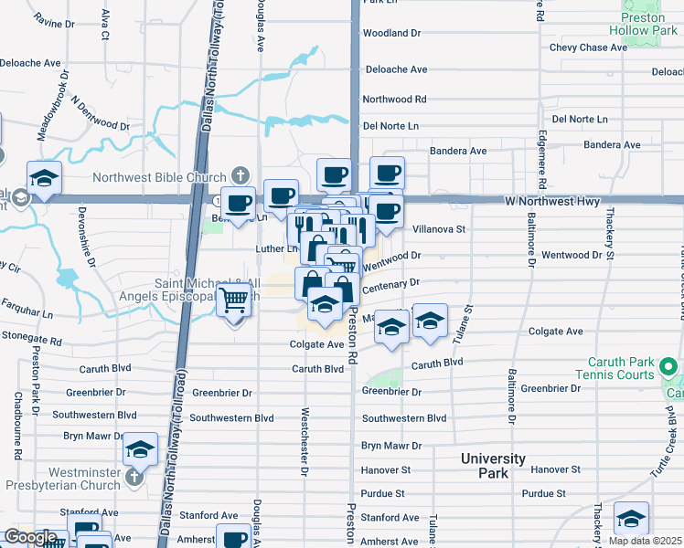 map of restaurants, bars, coffee shops, grocery stores, and more near 8226 Preston Road in Dallas