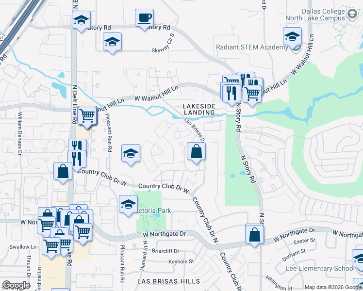 map of restaurants, bars, coffee shops, grocery stores, and more near 4241 Madera Road in Irving