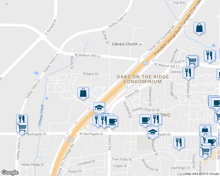 map of restaurants, bars, coffee shops, grocery stores, and more near 4045 North Star Drive in Irving