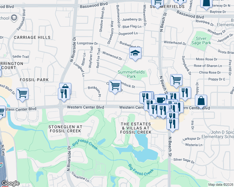 map of restaurants, bars, coffee shops, grocery stores, and more near 6600 Hickory Place in Fort Worth