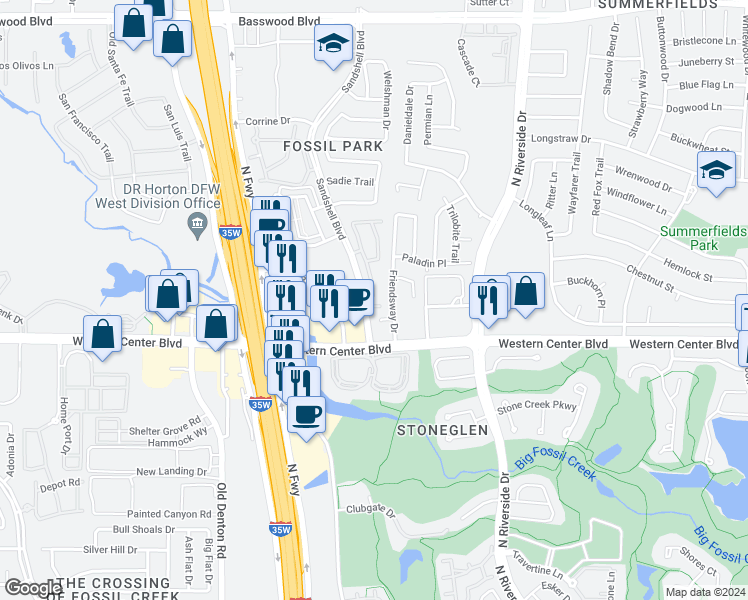 map of restaurants, bars, coffee shops, grocery stores, and more near 3301 Friendsway Court in Fort Worth