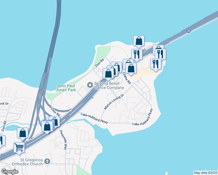 map of restaurants, bars, coffee shops, grocery stores, and more near 4360 Point Boulevard in Garland