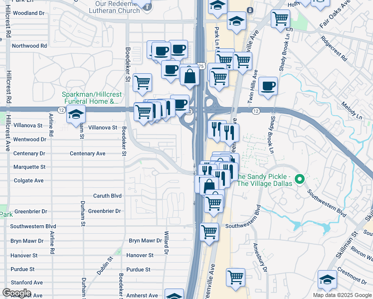 map of restaurants, bars, coffee shops, grocery stores, and more near 8221 North Central Expressway in Dallas