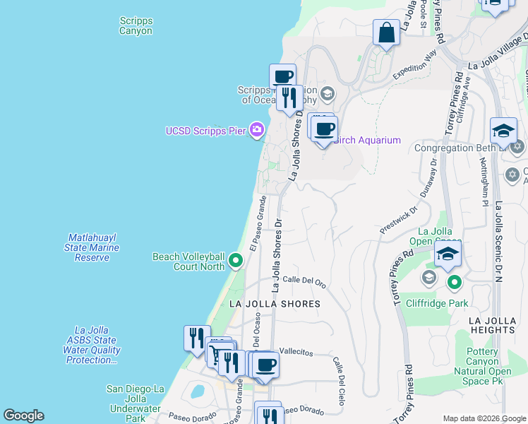 map of restaurants, bars, coffee shops, grocery stores, and more near 8537 El Paseo Grande in San Diego