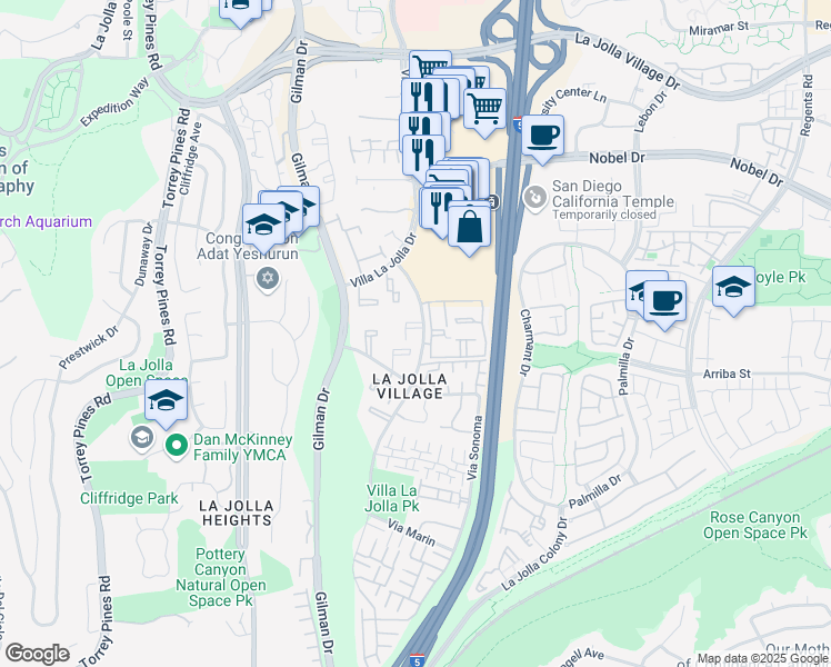 map of restaurants, bars, coffee shops, grocery stores, and more near 8570 Via Mallorca in San Diego