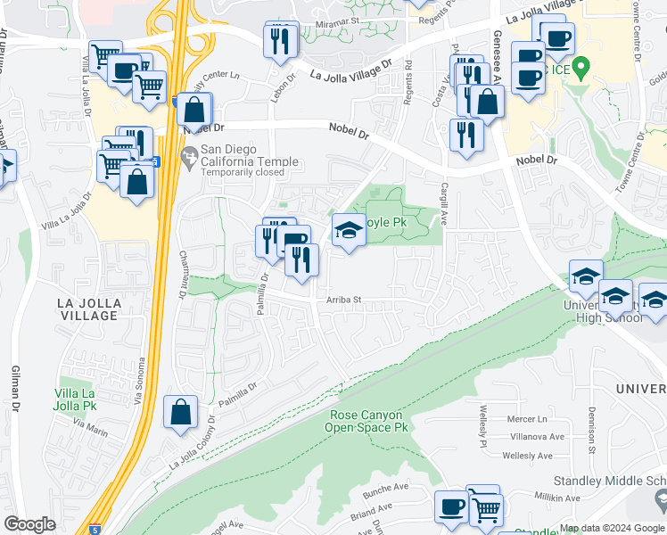 map of restaurants, bars, coffee shops, grocery stores, and more near 7969 Caminito Dia in San Diego