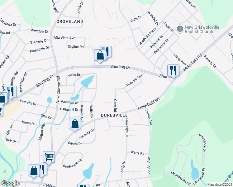map of restaurants, bars, coffee shops, grocery stores, and more near 2802 Cone Road in Macon