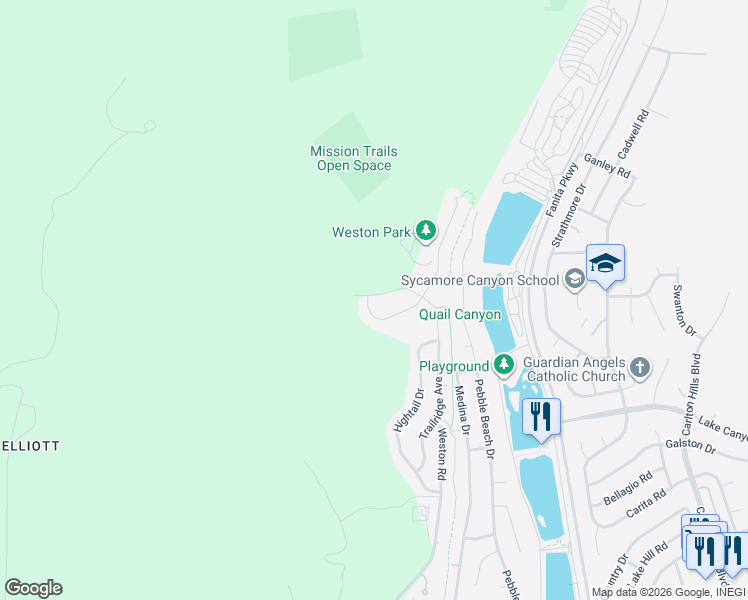 map of restaurants, bars, coffee shops, grocery stores, and more near 9111 West Bluff Place in Santee