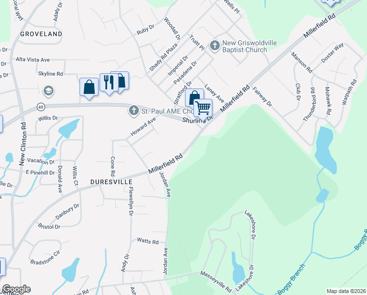 map of restaurants, bars, coffee shops, grocery stores, and more near 3020 Millerfield Road in Macon