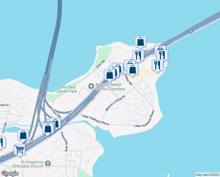 map of restaurants, bars, coffee shops, grocery stores, and more near 4356 Point Boulevard in Garland
