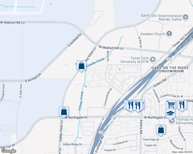 map of restaurants, bars, coffee shops, grocery stores, and more near 3811 Block Drive in Irving