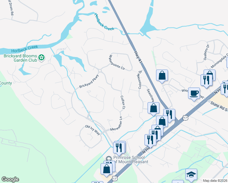map of restaurants, bars, coffee shops, grocery stores, and more near 2824 Rosedown Point in Mount Pleasant