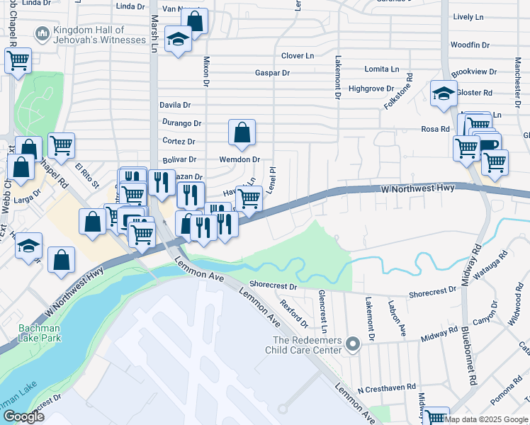 map of restaurants, bars, coffee shops, grocery stores, and more near West Northwest Highway in Dallas