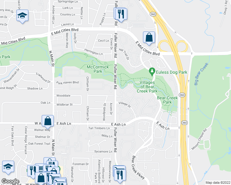 map of restaurants, bars, coffee shops, grocery stores, and more near 1800 Fuller Wiser Road in Euless