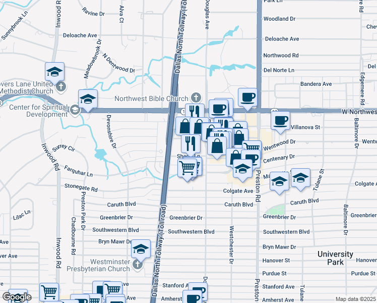 map of restaurants, bars, coffee shops, grocery stores, and more near 5949 Sherry Lane in Dallas