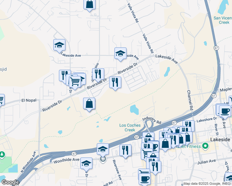 map of restaurants, bars, coffee shops, grocery stores, and more near 11851 Riverside Drive in Lakeside