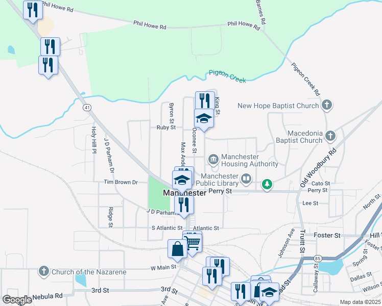 map of restaurants, bars, coffee shops, grocery stores, and more near 521 Oconee Street in Manchester
