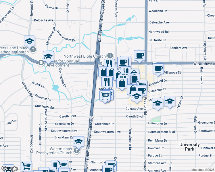 map of restaurants, bars, coffee shops, grocery stores, and more near 5949 Sherry Lane in Dallas