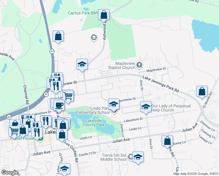 map of restaurants, bars, coffee shops, grocery stores, and more near 10038 Tamil Road in Lakeside