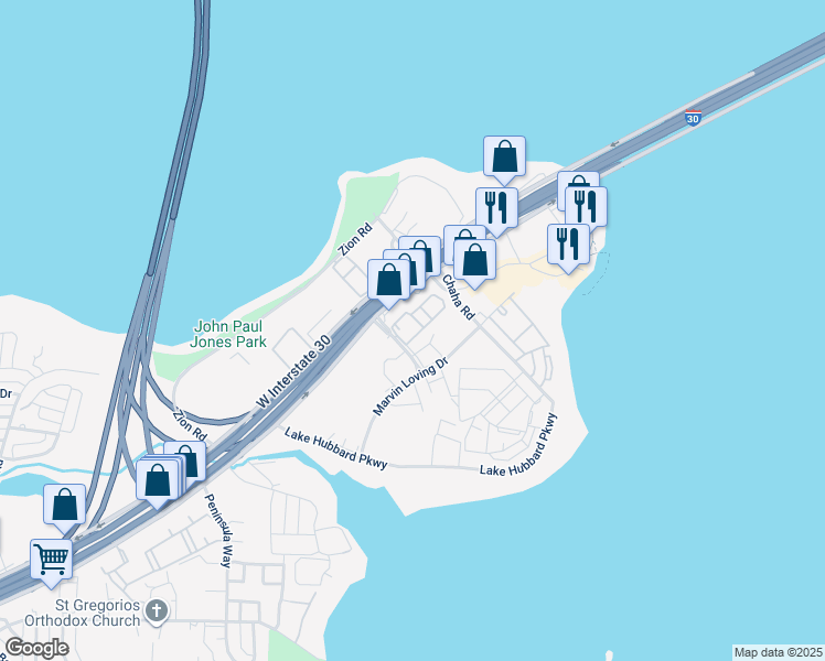 map of restaurants, bars, coffee shops, grocery stores, and more near 4410 Point Boulevard in Garland