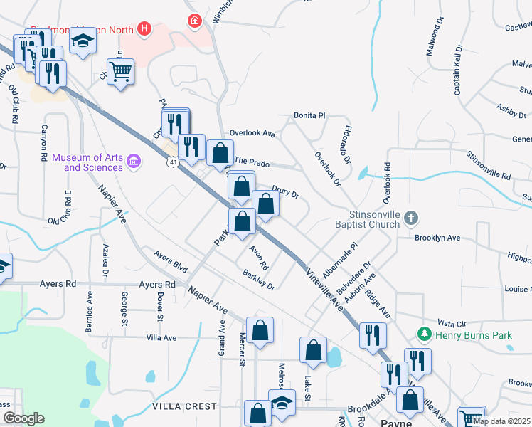 map of restaurants, bars, coffee shops, grocery stores, and more near 3764 Ridge Avenue in Macon