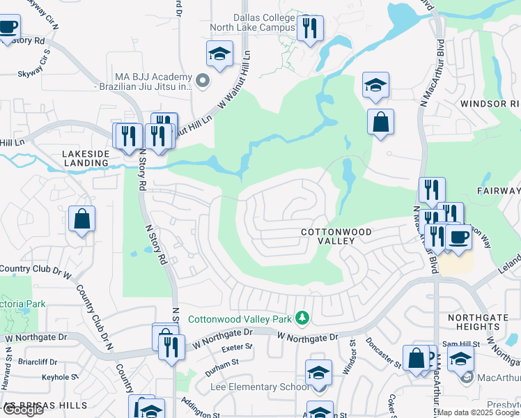 map of restaurants, bars, coffee shops, grocery stores, and more near 1805 Driskill Drive in Irving