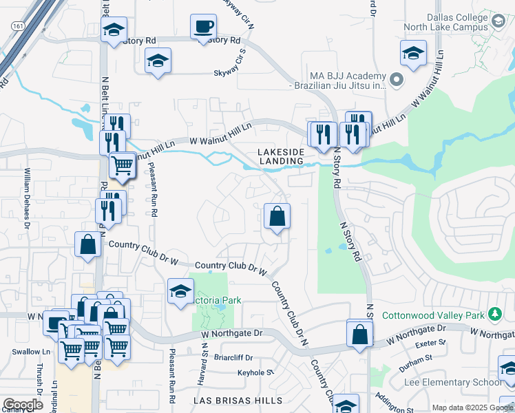 map of restaurants, bars, coffee shops, grocery stores, and more near 4241 Madera Road in Irving