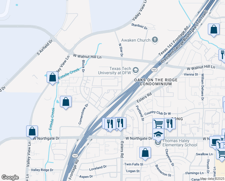 map of restaurants, bars, coffee shops, grocery stores, and more near 3618 Texas 161 Frontage Road in Irving