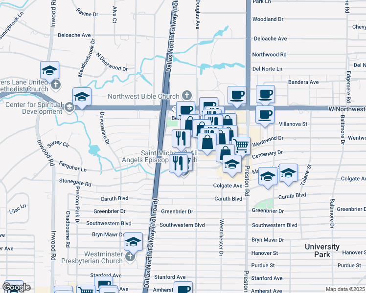 map of restaurants, bars, coffee shops, grocery stores, and more near 5956b Sherry Lane in Dallas