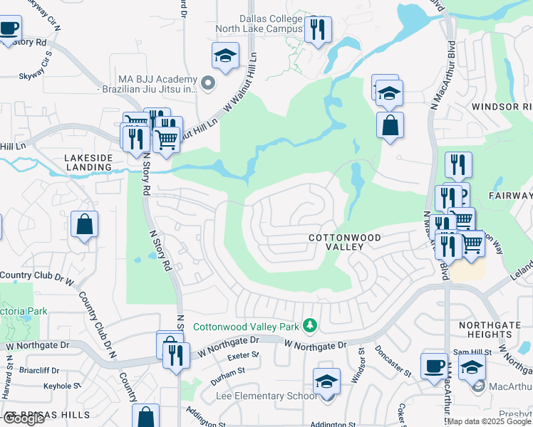 map of restaurants, bars, coffee shops, grocery stores, and more near 1805 Driskill Drive in Irving