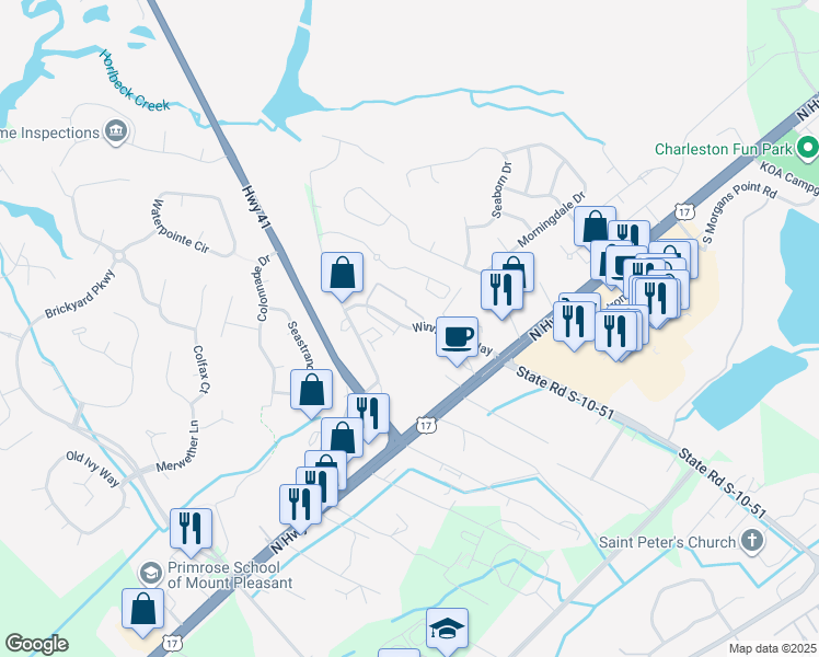 map of restaurants, bars, coffee shops, grocery stores, and more near Winnowing Way in Mount Pleasant