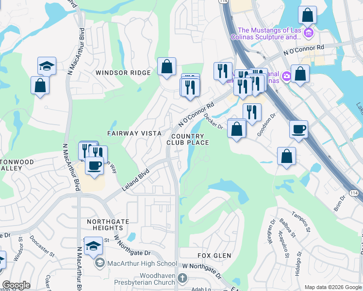 map of restaurants, bars, coffee shops, grocery stores, and more near 4618 O'Connor Court in Irving