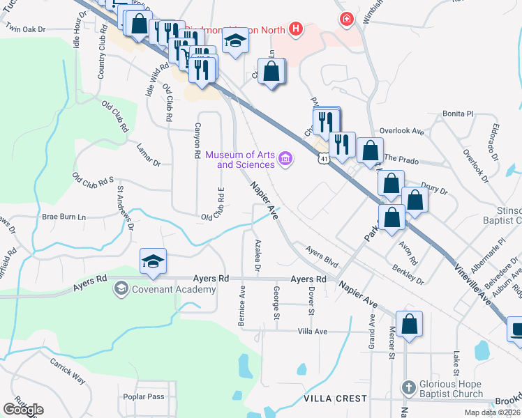 map of restaurants, bars, coffee shops, grocery stores, and more near 4415 Azalea Drive in Macon