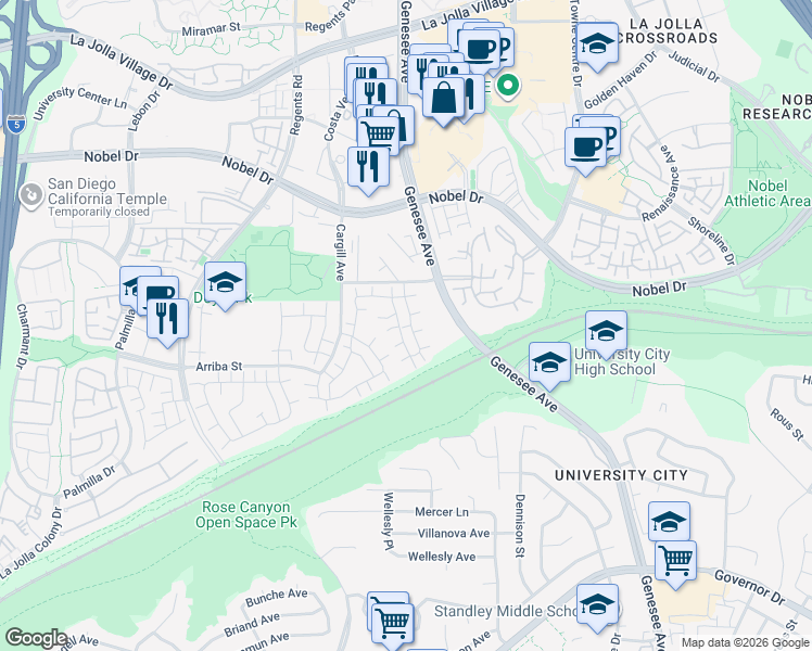 map of restaurants, bars, coffee shops, grocery stores, and more near 7922 Camino Jonata in San Diego